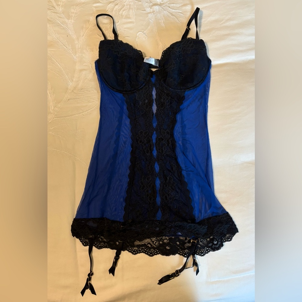 Victoria's Secret Blue and Black Lace Chemise Garter Slip